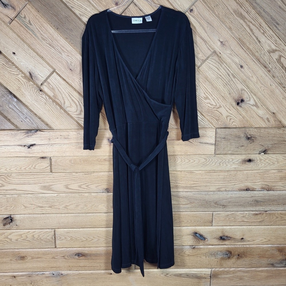 Chico's Travelers Wrap Dress Womens Size 3 XL 3/4 Sleeve V-Neck Belted Black